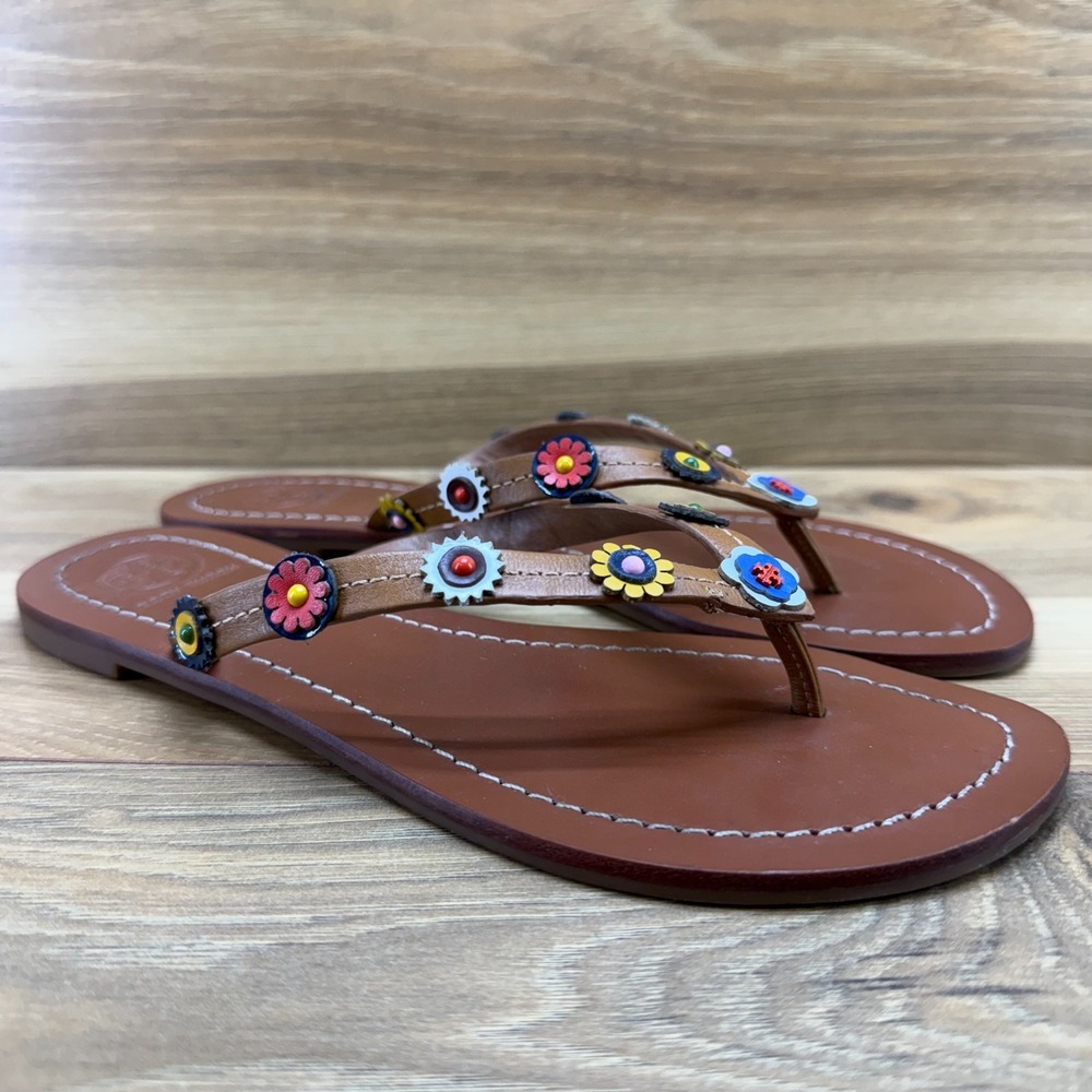 Tory Burch Marguerite Terra Thong Sandals Womens 7 M Floral Applique Flip Flops